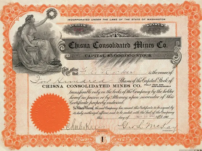 Framed Print : Chisna Consolidates Mines Company Certificate Framed Print : Chisna Consolidates Mines Company Certificate