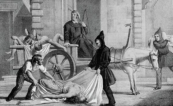 Cholera in Palermo, 1835. Men in uniform pick up a corpse in the street and place it on a cart, Sicily, Italy, Historic, digitally restored reproduction from a 19th century original