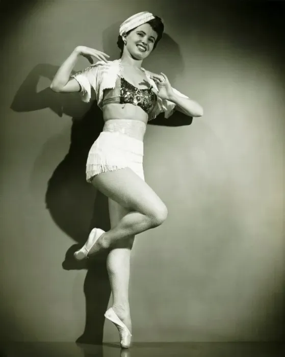 Framed Print : Chorus girl dancing in studio, (B&W) Framed Print : Chorus girl dancing in studio, (B&W)