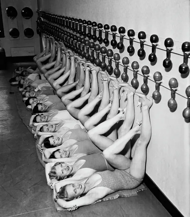 Framed Print : Chorus Girls Doing Leg Exercises at Gym Framed Print : Chorus Girls Doing Leg Exercises at Gym