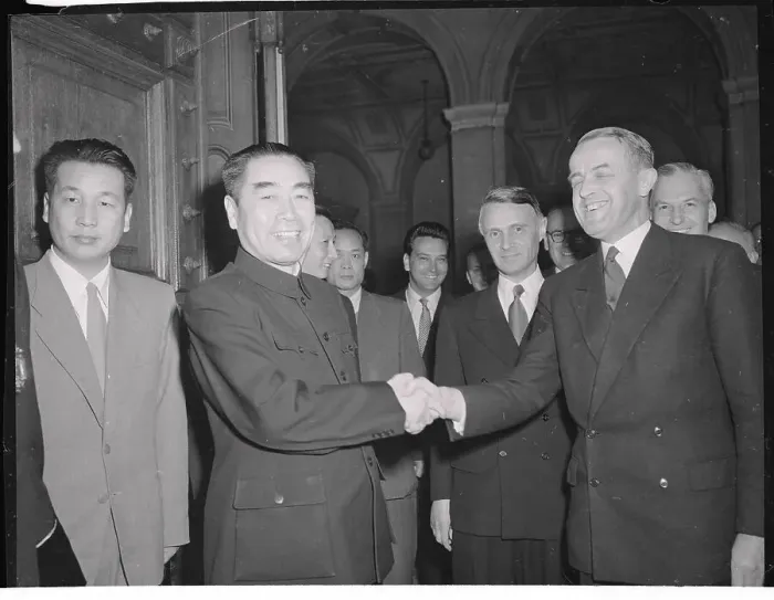 Framed Print : Chou En Lai Shaking Hands with Swiss Foreign Affairs Minister Framed Print : Chou En Lai Shaking Hands with Swiss Foreign Affairs Minister