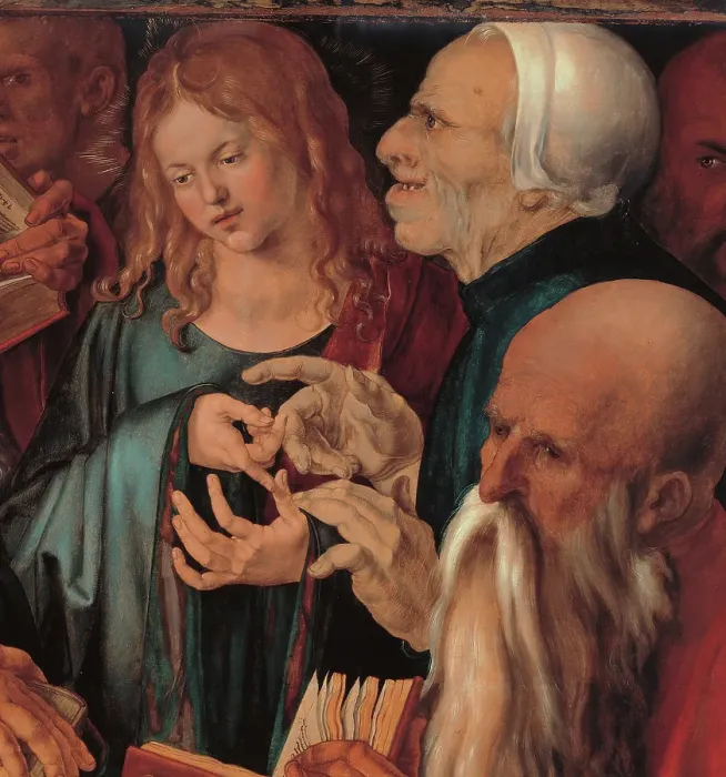 Framed Print : Christ Among the Doctors (Twelve Year-old Jesus Among the Doctors), by Dürer Albrecht, 16th Century, 1506, oil on board, cm 65 x 80