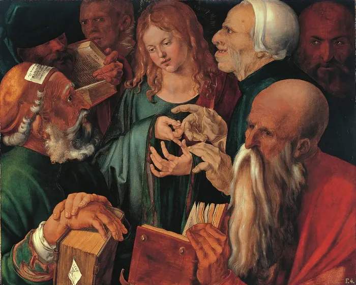 Framed Print : Christ Among the Doctors (Twelve Year-old Jesus Among the Doctors), by Dürer Albrecht, 16th Century, 1506, oil on board, cm 65 x 80