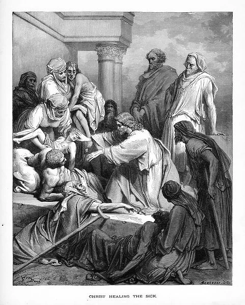 Christ Healing the Sick and Affirmed Biblical Engraving