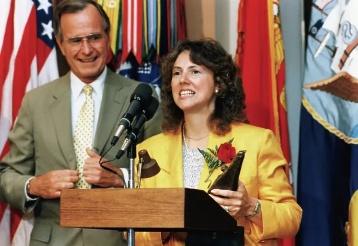Framed Print : Christa McAuliffe Speaking After Announcement