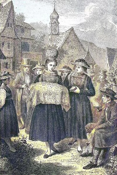Christening of a child in the Gutachtal, Black Forest, Germany, historical woodcut, circa 1870, digitally restored reproduction of an original 19th century print, exact original date unknown, coloured