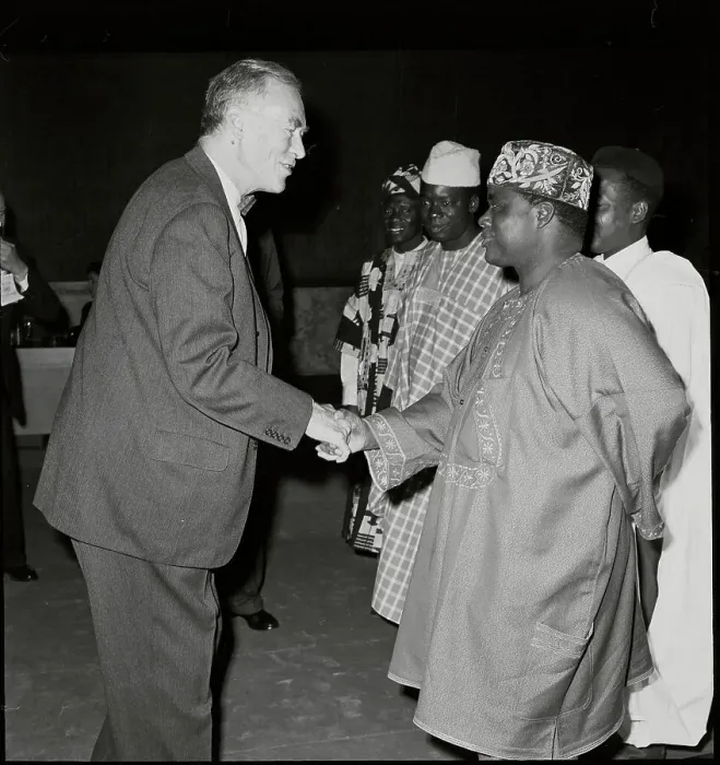 Framed Print : Christian Herter Shaking Hands with Nigerian Representative Framed Print : Christian Herter Shaking Hands with Nigerian Representative