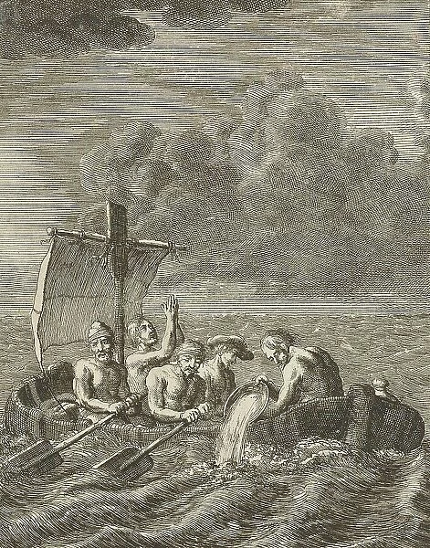 Five Christian Slaves Fleeing Algiers by Rowboat, 1684, Algeria, Historical, digitally restored reproduction from a 19th century original