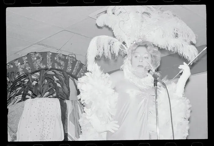 Framed Print : Christine Jorgensen in Frilly Costume and Singing at Microphone Framed Print : Christine Jorgensen in Frilly Costume and Singing at Microphone