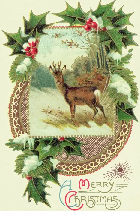 Framed Print : Christmas Card with Deer and Holly Framed Print : Christmas Card with Deer and Holly
