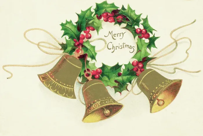 Framed Print : Christmas Card with Wreath of Holly and a Trio of Bells Framed Print : Christmas Card with Wreath of Holly and a Trio of Bells