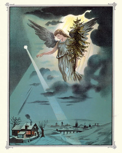 Christmas night, Angel carrying a Christmas tree, Victorian vintage illustration