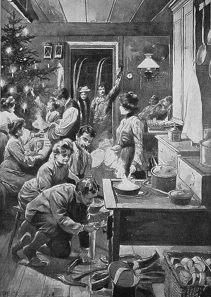 Christmas party in an alpine refuge in the mountains, Bavaria, Germany, Historical, digital reproduction of an original from the 19th century, original date not known