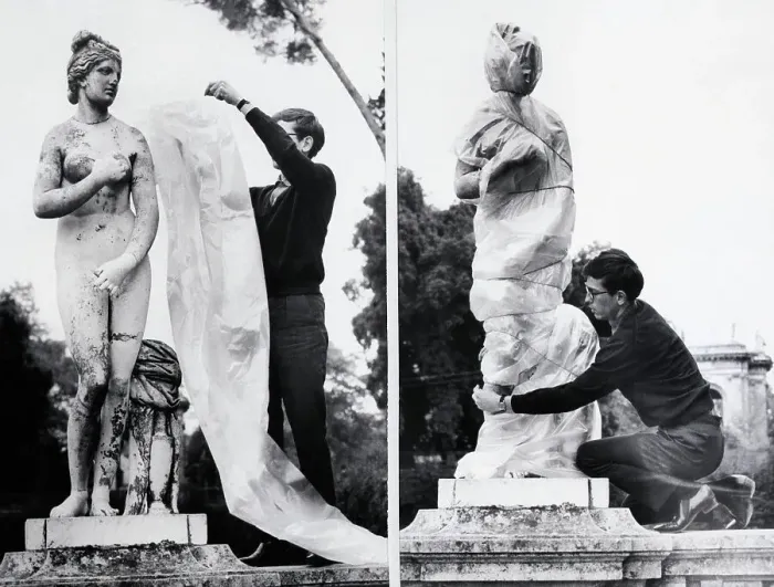 Framed Print : Christo Wrapping Ancient Sculpture Framed Print : Christo Wrapping Ancient Sculpture