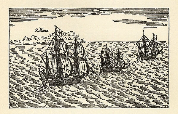 Christopher Columbus Sailing Ships Engraving, Circa 1400s