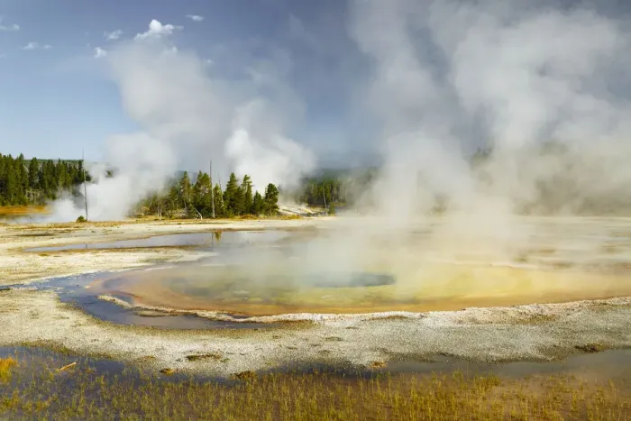 Framed Print : Chromatic Spring in Upper Geyser Basin on sunny day, Yellowstone National Park, Wyoming, USA Framed Print : Chromatic Spring in Upper Geyser Basin on sunny day, Yellowstone National Park, Wyoming, USA