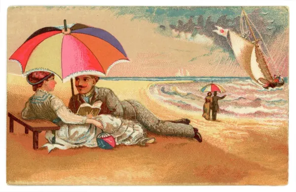 Chromolithograph Print of Victorian Couple on Beach. Art Prints