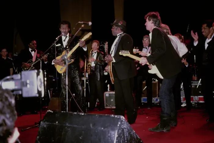 Framed Print : Chuck Berry, Bo Diddley And Keith Richards Jamming At The 2nd Annual Rock N Roll Hall of Fame