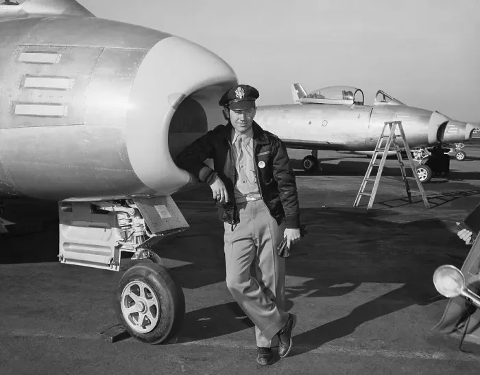 Framed Print : Chuck Yeager Standing by F-86 Sabre Framed Print : Chuck Yeager Standing by F-86 Sabre
