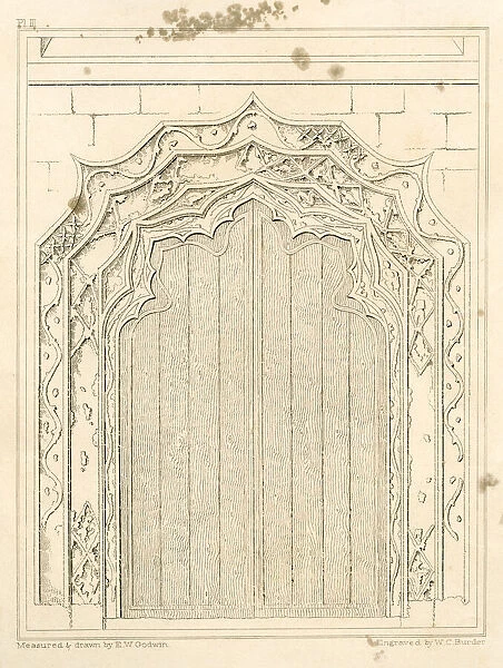 Church. Engraved image (door of the church of St Mary Redcliffe.Mesured