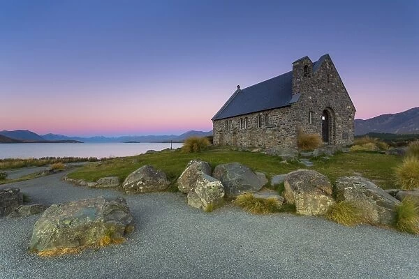 Church of the Good Shepherd at Lake Tekapo at the blue hour, behind the Southern Alps, Lake Tekapo, Canterbury Region, New Zealand