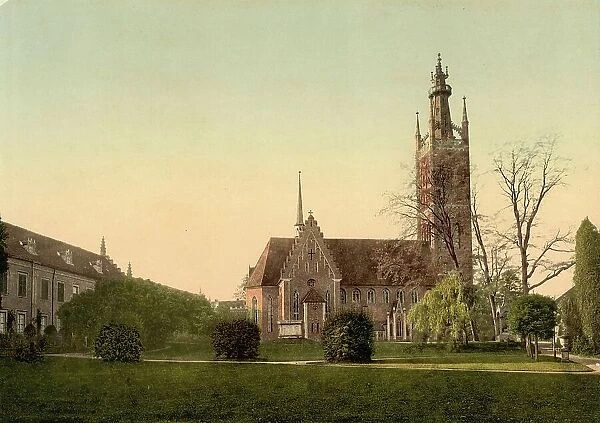 Church and grey house in the park of Woerlitz, Saxony-Anhalt, Germany, Historic, digitally restored reproduction of a photochrome print from the 1890s