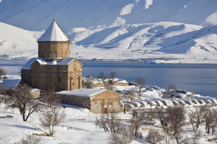 Framed Print : Church of the Holy Cross in snow, Akdamar Island, Anatolia Region, Turkey
