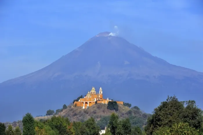 Framed Print : Church of Iglesia Nuestra Senora de los Remedios on the ruins of the pre-Hispanic Pyramid of Cholula in front of the active volcano Popocatepetl, San Pedro Cholula, Puebla, Mexico, Latin America, North America
