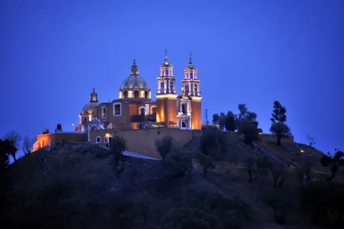 Framed Print : Church of Iglesia Nuestra Senora de los Remedios on the ruins of the pre-Hispanic Pyramid of Cholula at night, San Pedro Cholula, Puebla, Mexico, Latin America, North America