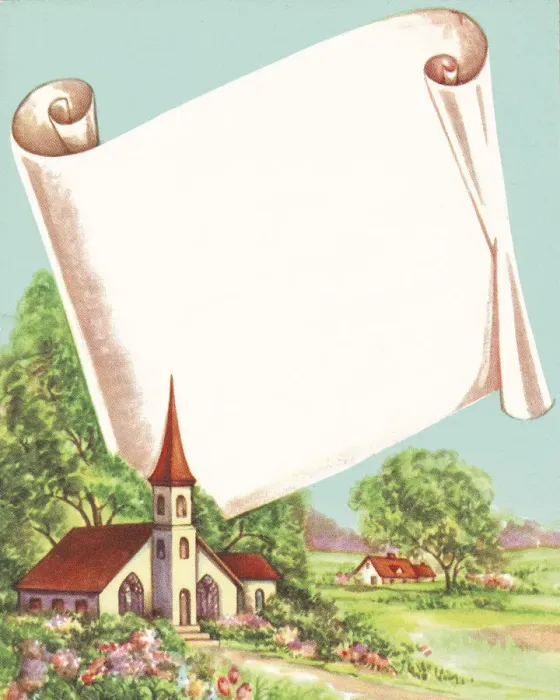 Framed Print : Church Landscape and Scroll Framed Print : Church Landscape and Scroll