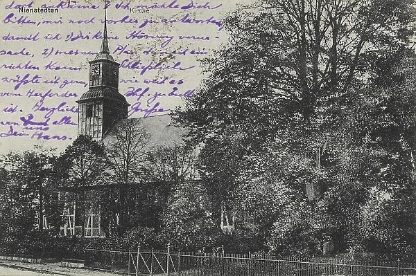 Church of Nienstedten, district, Hamburg, Germany, postcard with text, view around ca 1910, historical, digital reproduction of a historical postcard, public domain, from that time, exact date unknown