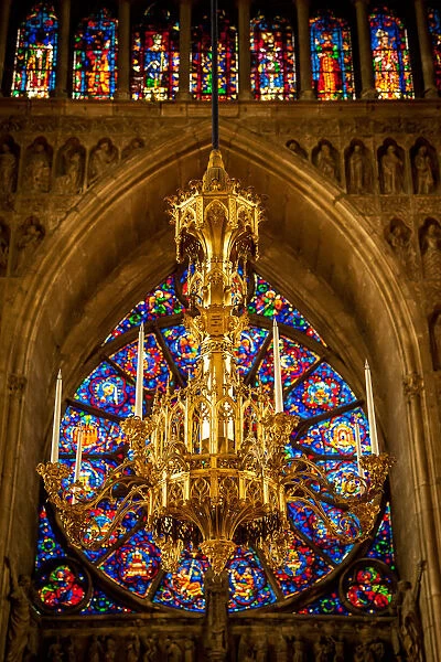 Church painted glass and Chandelier on Notre-Dame de Reims, Reims Cathedral