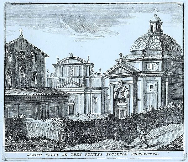 Church of S. Paolo alle tre fontane, outside Porta S. Paolo, historical Rome, Italy, digital reproduction of an original 17th century painting, original date unknown