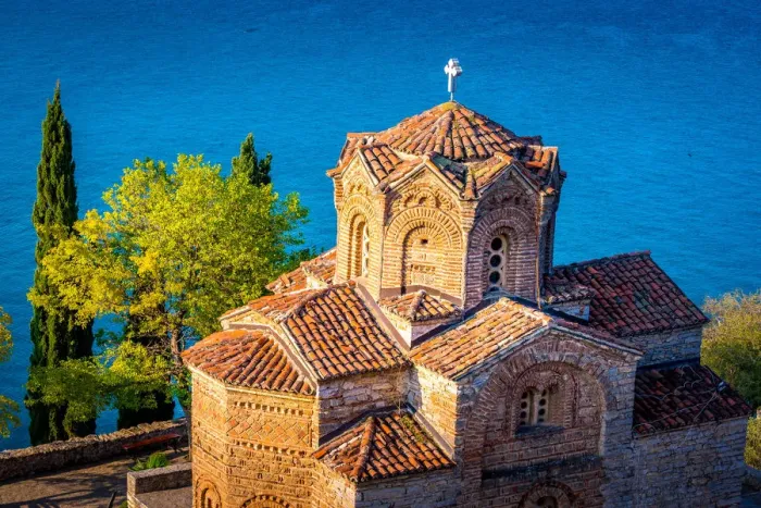 Framed Print : Detail of church of Saint John the Theologian at Kaneo, overlooking Ohrid lake, Ohrid, Macedonia