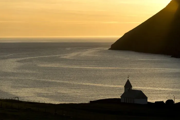 Framed Print : Church by the sea, Vioareioi, Viooy, Faroe Islands, Denmark