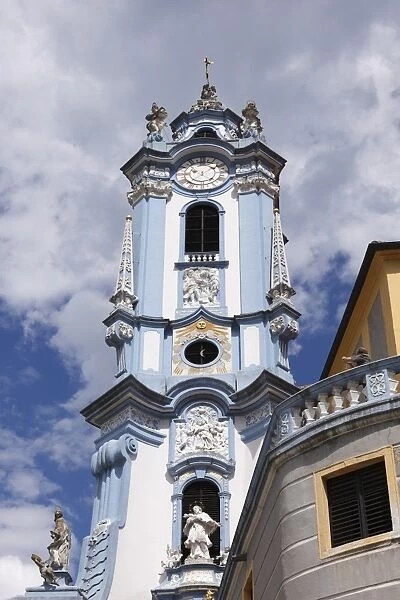 Church spire of the collegiate church, Duernstein, Wachau valley, Waldviertel region, Lower Austria, Austria, Europe