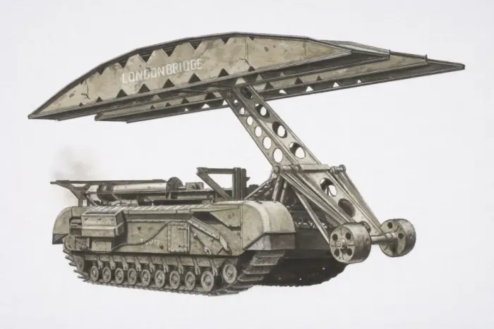 Framed Print : Churchill Bridgelayer tank with hull removed and bridge attached to a hinged arm, side view Framed Print : Churchill Bridgelayer tank with hull removed and bridge attached to a hinged arm, side view
