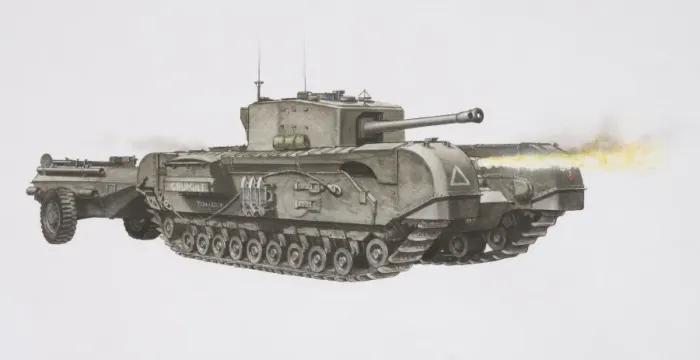 Framed Print : Churchill Tank mounted with a flame gun at the front and armoured trailer at the back Framed Print : Churchill Tank mounted with a flame gun at the front and armoured trailer at the back