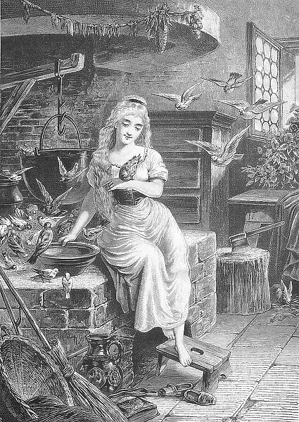 Cinderella or Cinderella, girl sitting at the stove surrounded by many birds, kitchen scene, Germany, Historisch, historical, digitally improved reproduction of an original from the 19th century