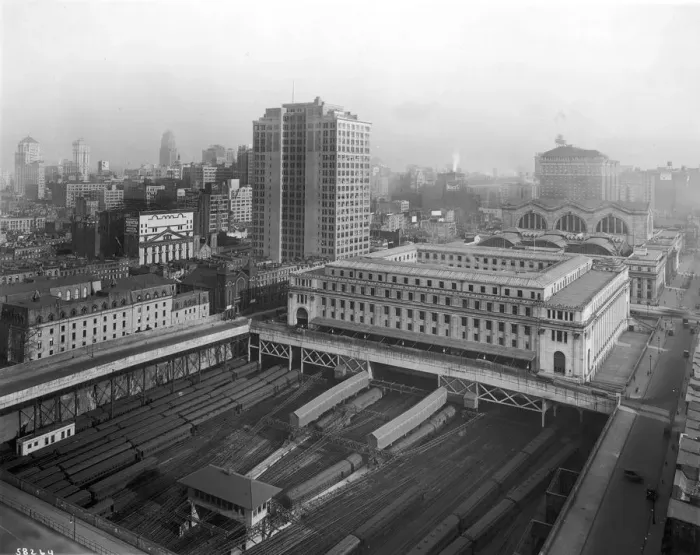 Framed Print : circa 1915: High angle view of the railroad yard at the rear of Pennsylvania Railroad Framed Print : circa 1915: High angle view of the railroad yard at the rear of Pennsylvania Railroad