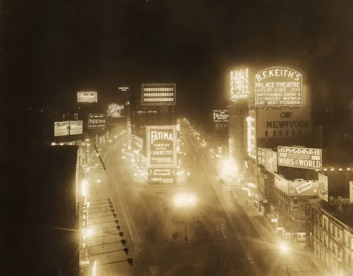 Framed Print : circa 1920: High-angle view of illuminated marquees in Times Square at night Framed Print : circa 1920: High-angle view of illuminated marquees in Times Square at night