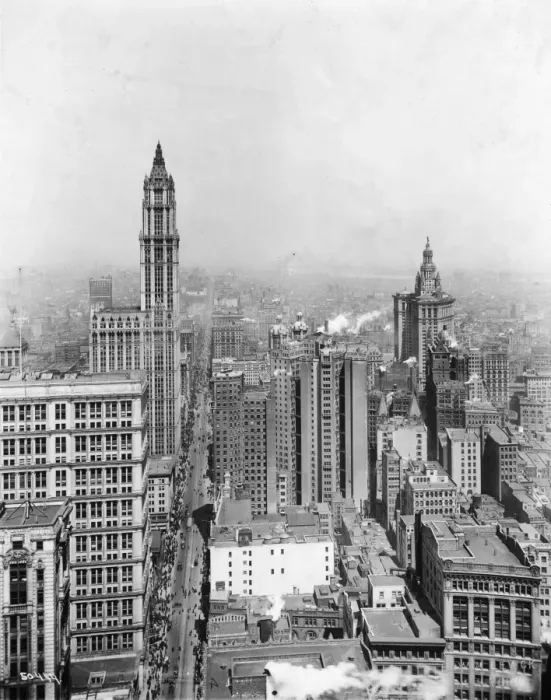 Framed Print : circa 1925: High angle view, looking north, of skyscrapers and traffic on Broadway Framed Print : circa 1925: High angle view, looking north, of skyscrapers and traffic on Broadway