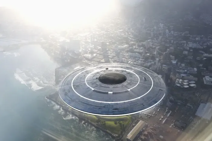Framed Print : Circular UFO flying over city