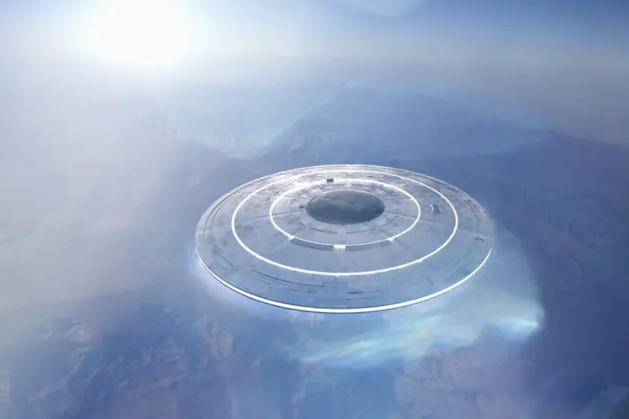 Framed Print : Circular UFO flying over mountain landscape Framed Print : Circular UFO flying over mountain landscape
