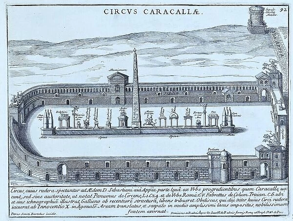 The Circus of Maxentius, known until the 19th century as the Circus of Caracalla, was an ancient building in Rome, historical Rome, Italy, digital reproduction of an original 17th-century design, original date not known