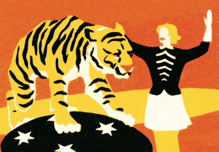 Framed Print : Circus woman with tiger Framed Print : Circus woman with tiger