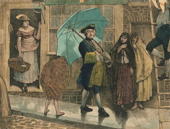 Framed Print : Citizens Observing Jonas Hanway with Newly Invented Umbrella Framed Print : Citizens Observing Jonas Hanway with Newly Invented Umbrella