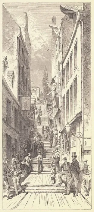 Framed Print : Citizens Traveling by Steep Exterior Stairs Framed Print : Citizens Traveling by Steep Exterior Stairs