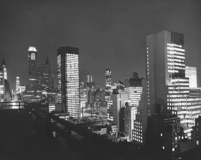 Framed Print : City buildings at night (B&W), elevated view Framed Print : City buildings at night (B&W), elevated view