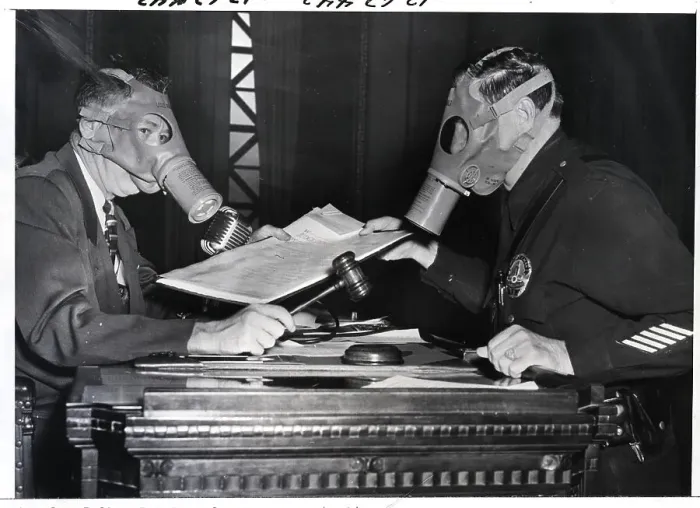 Framed Print : City Council Chambers Wearing Gas Masks Framed Print : City Council Chambers Wearing Gas Masks